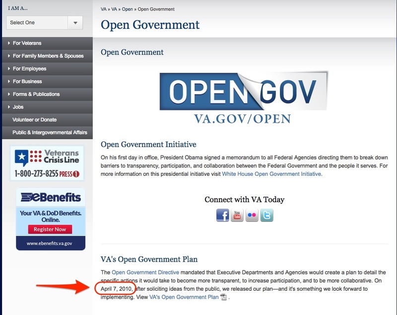 Annotated screenshot of va.gov/open on September 30, 2016