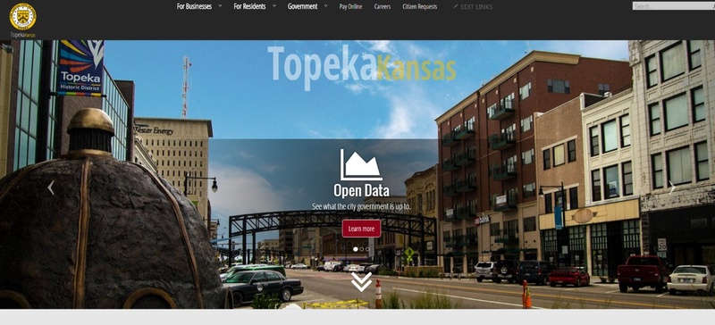 Main street in Topeka, Kan., with an overlay of text saying "open data."