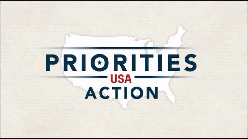 A logo for Priorities USA Action in front of an outline of America.