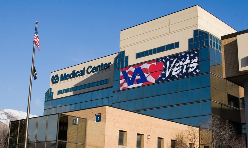 The exterior of a VA medical center.
