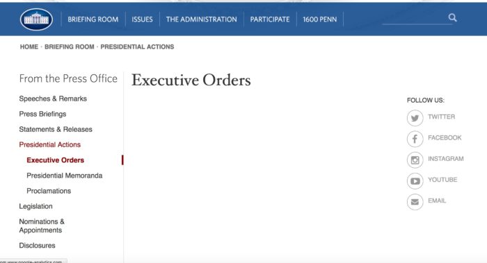 Empty executive orders page on WhiteHouse.gov