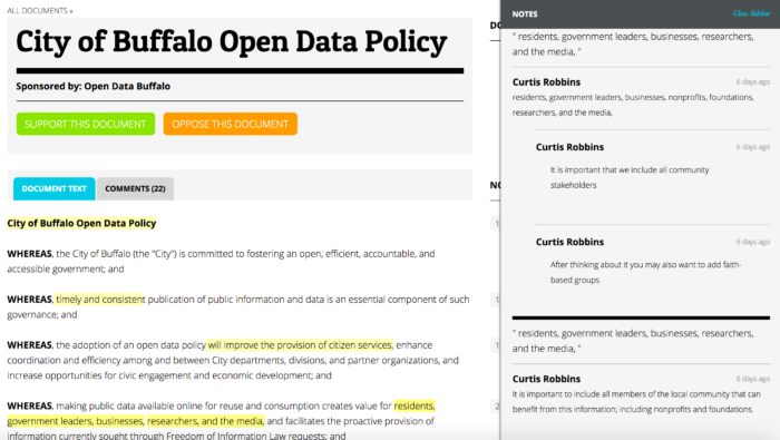 Buffalo used the OpenGov Foundation's Madison platform to solicit public feedback on their draft policy.