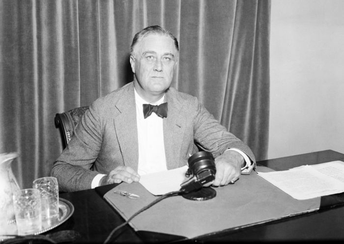 Photograph of Franklin D. Roosevelt making a national address at the White House, Washington, D.C. Credit: Harris & Ewing, photographer, Library of Congress.