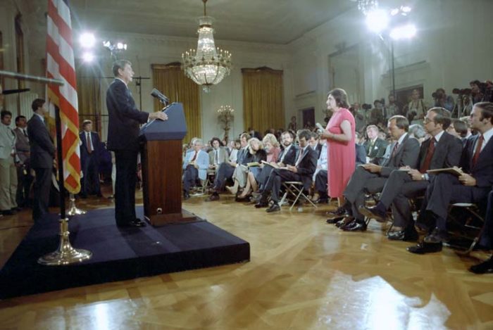 10/1/1981 President Reagan Helen Thomas Sam Donaldson Lesley Stahl Fred Barnes John Palmer Press Conference in East Room