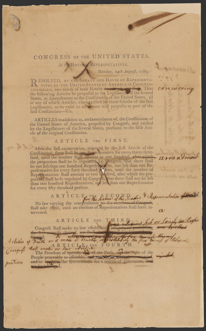 Senate revisions to House-passed amendments to the Constitution (Bill of Rights), September 9, 1789, Records of the U.S. Senate, National Archives. 