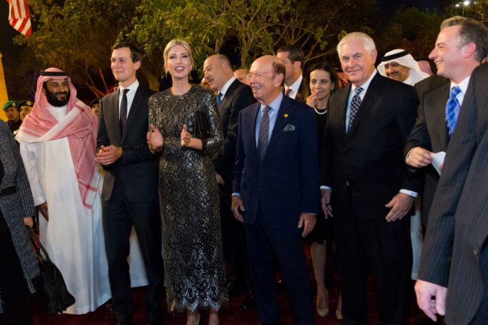 Senior White House Adviser Jared Kushner, and his wife, Assistant to the President Ivanka Trump, U.S. Commerce Secretary Wilbur Ross, U.S. Secretary of State Rex Tillerson, and White House Chief of Staff Reince Priebus are seen as they arrive with President Donald Trump and First Lady Melania Trump to the Murabba Palace as honored guests of King Salman bin Abdulaziz Al Saud of Saudi Arabia, Saturday evening, May 20, 2017, in Riyadh, Saudi Arabia. (Official White House Photo by Shealah Craighead)
