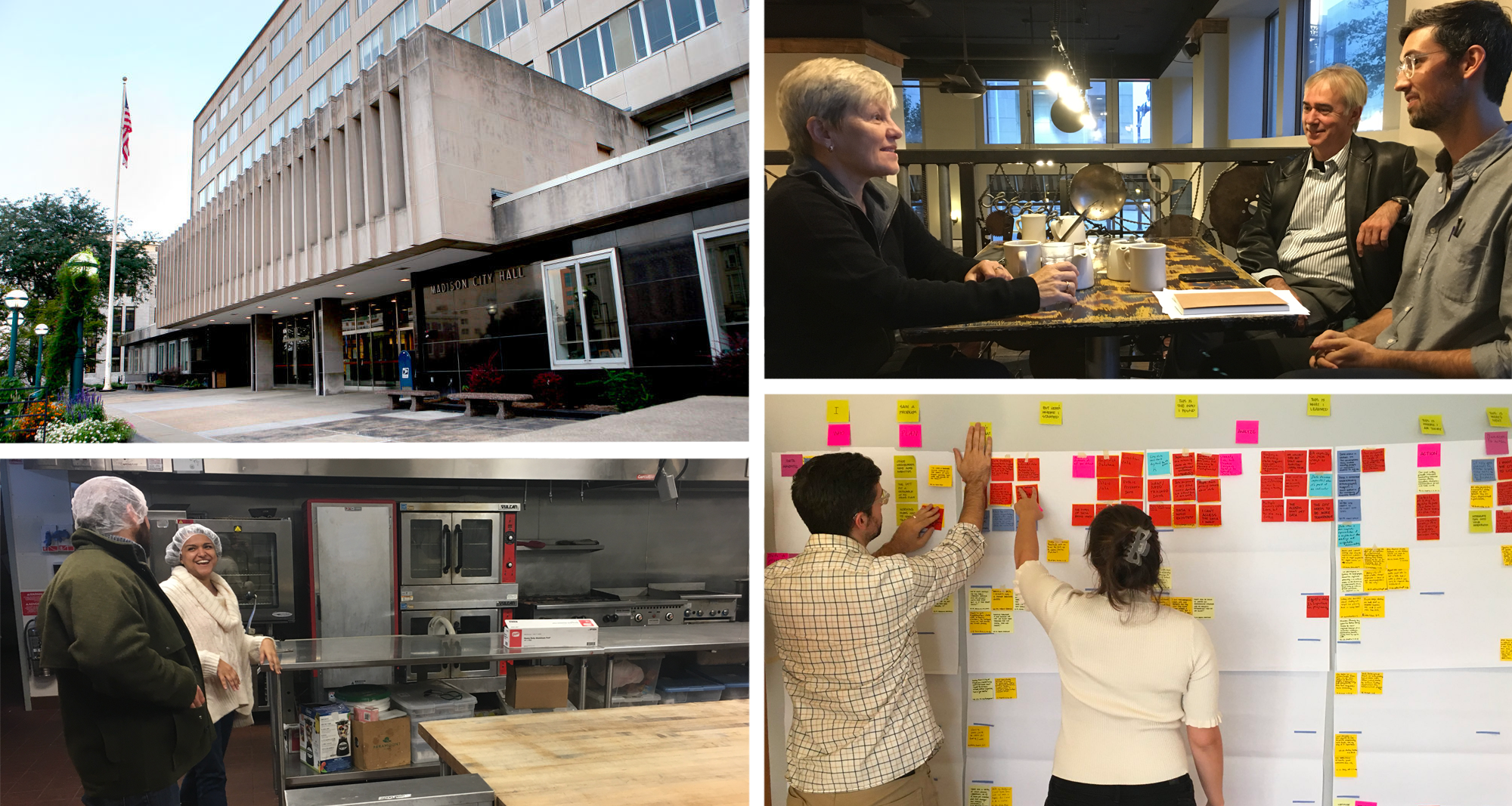 Four images of Madison City Hall; interviews in progress; and team members sorting Post-Its
