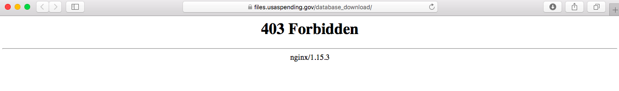 Error message seen when trying to access the database download function on USASpending.gov. Screenshot via FedScoop.