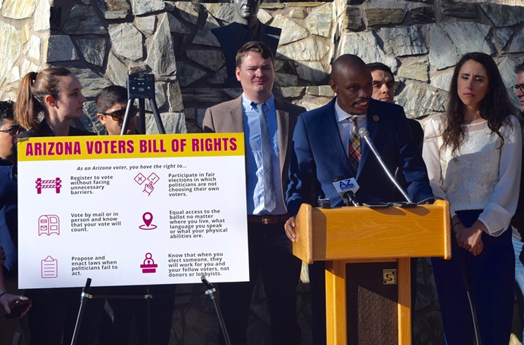 Arizona Representative Reginald Bolding describes a proposed House resolution creating a voters' bill of rights at a January 17 news conference.