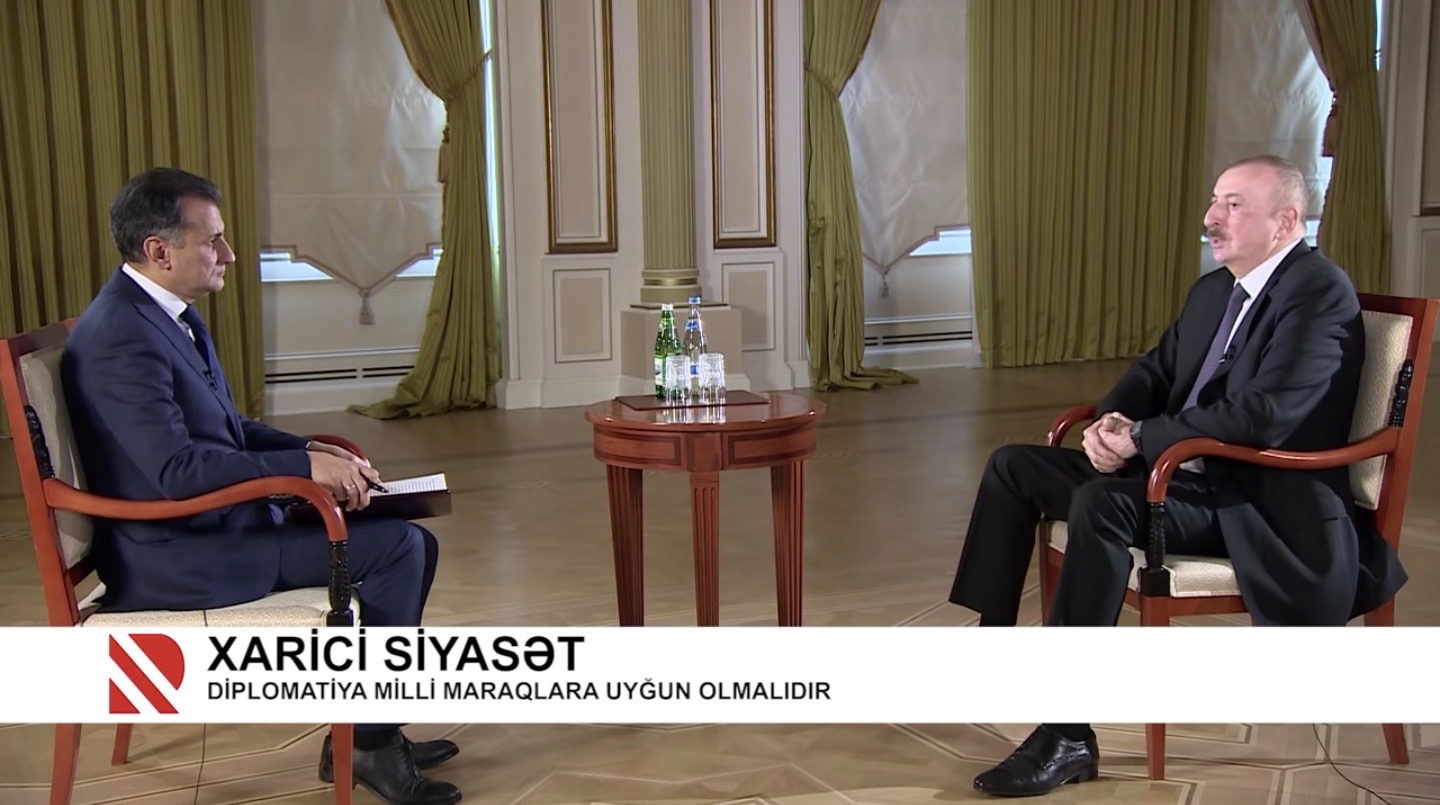 President Ilham Aliyev's interview with REAL TV on February 12. Screenshot from REAL TV's YouTube channel.