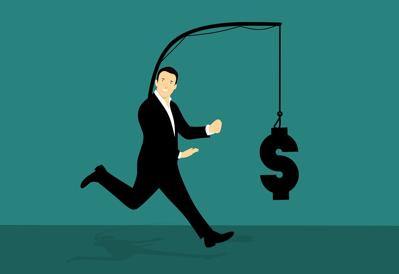 A drawing of a man in a suit chasing a dollar sign. Via Pixabay. 