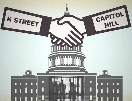 A hand labeled K Street shaking a hand labeled Capitol Hill in front of a graphic of the Capitol with a revolving door. 